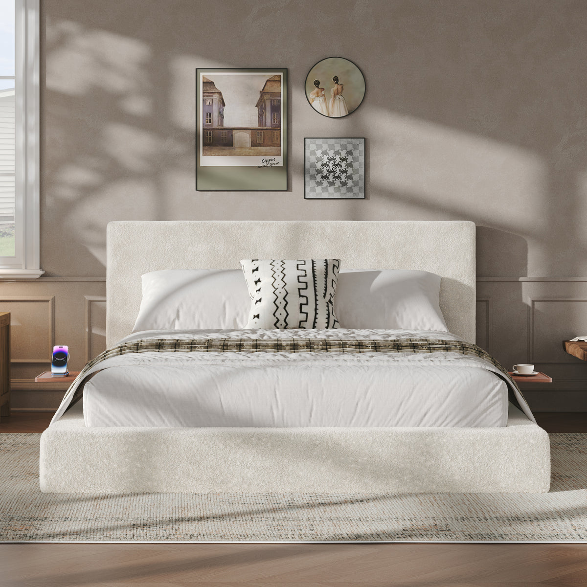 Minimalist Queen Bed Frame with Sliding Side Tables, Off-White