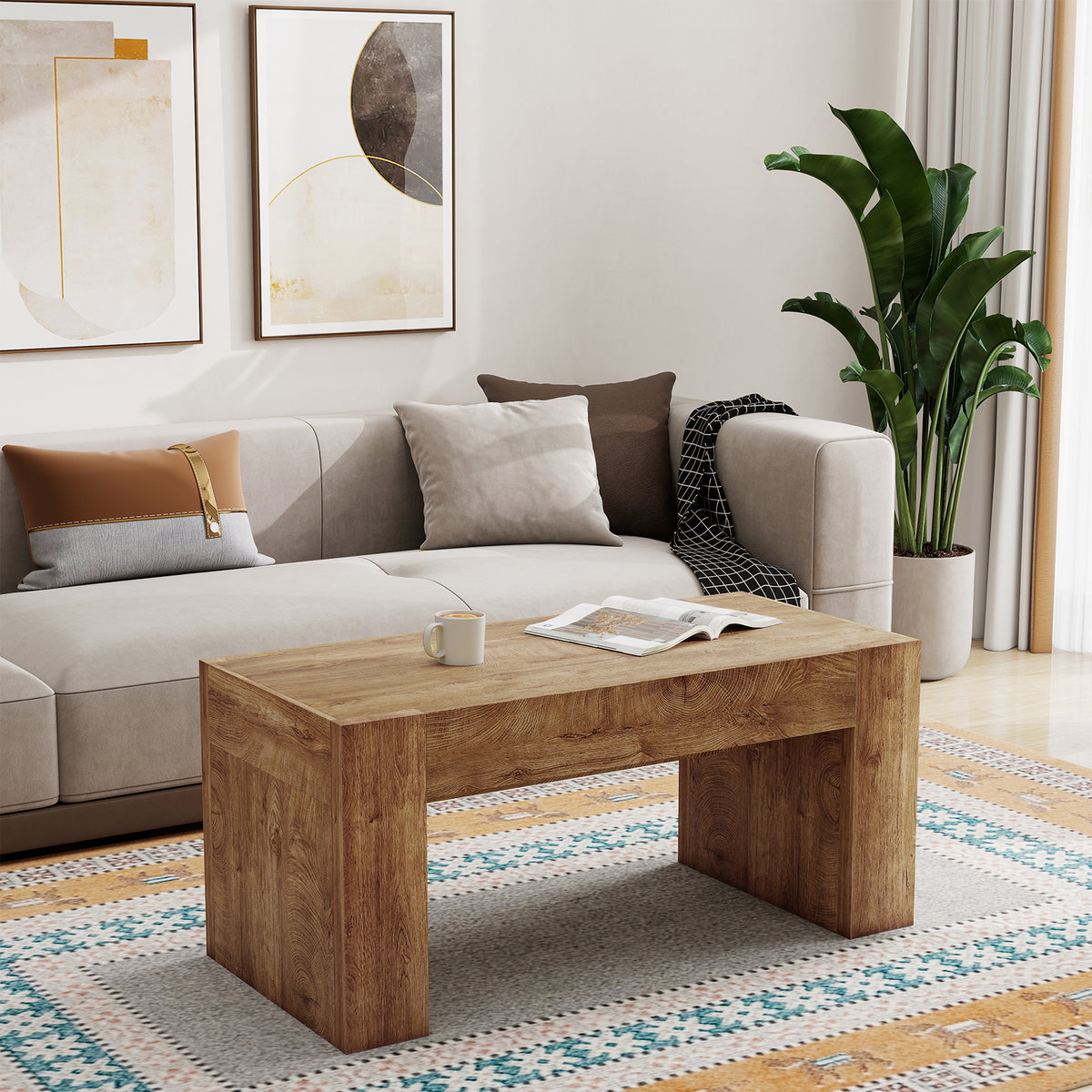 Natural Farmhouse Rectangular Coffee Table with Hidden Drawer, 47.6 in