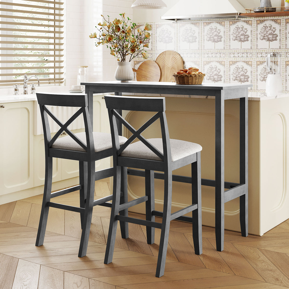 3-Piece Bar-Height Breakfast Nook, Gray Wood Table + 2 Chairs