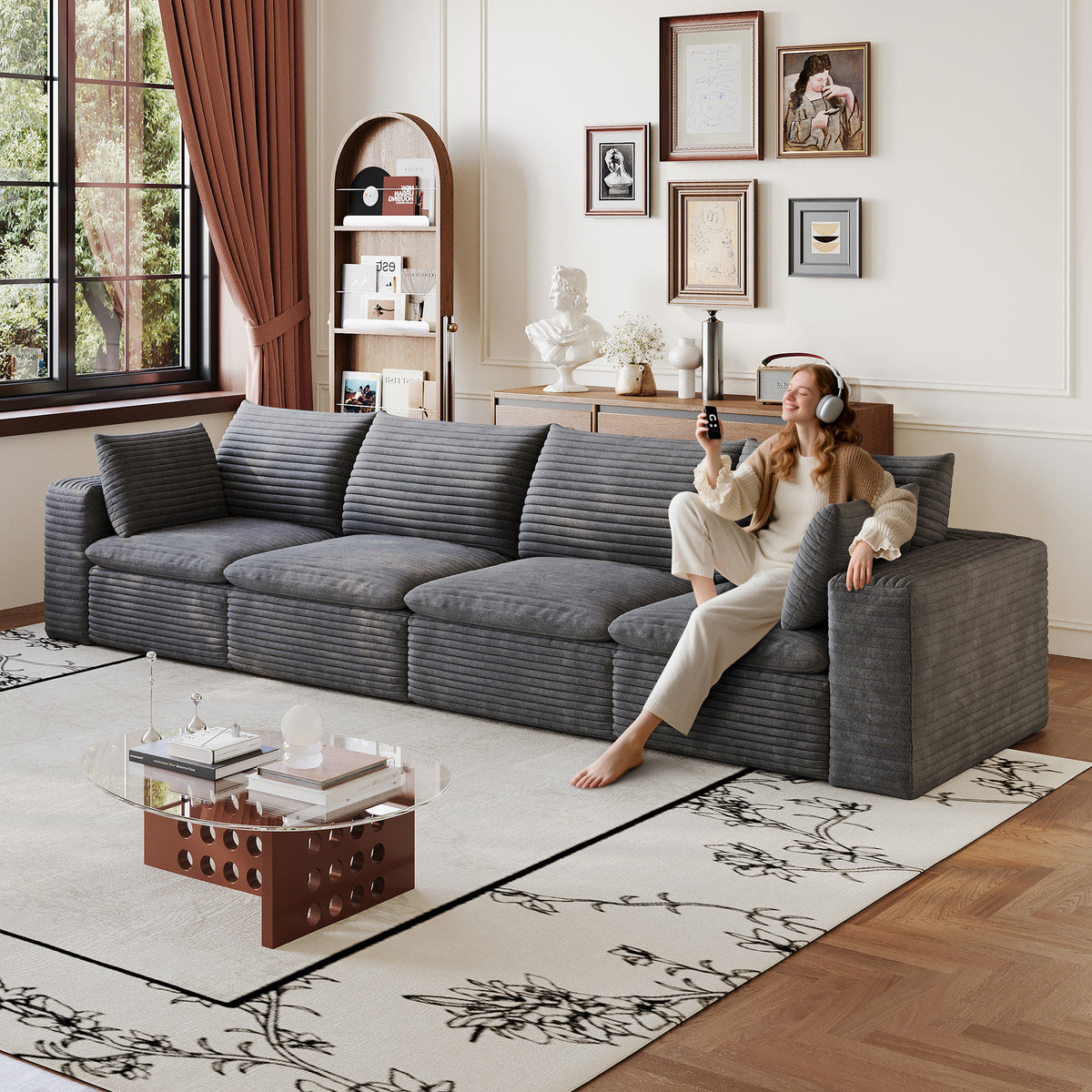 Dark Gray Corduroy Modular 4-Seat Couch, No Assembly, 134 in Wide