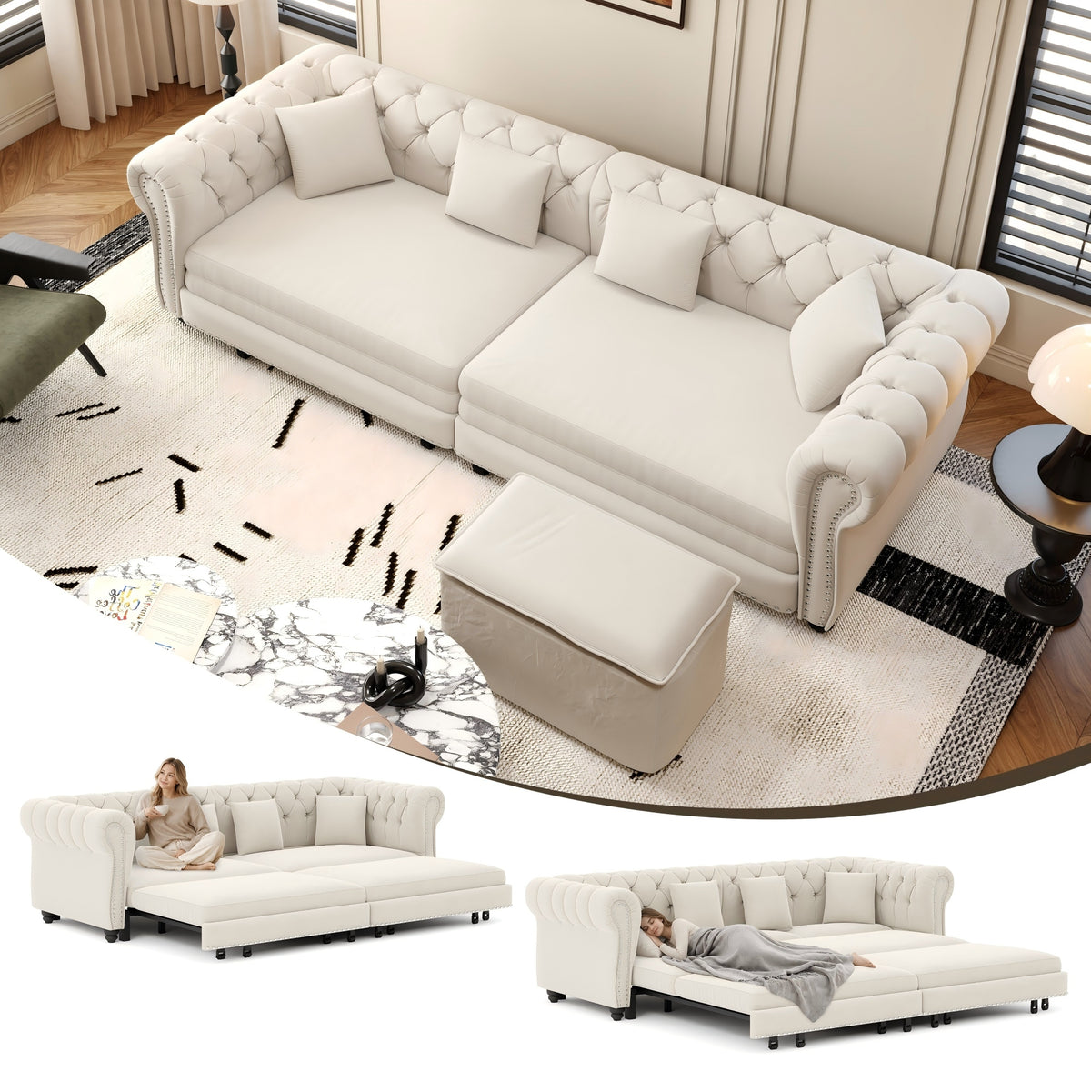 Beige Tufted Velvet 3-Seat King Sleeper Sofa with Ottoman, 89 in Wide