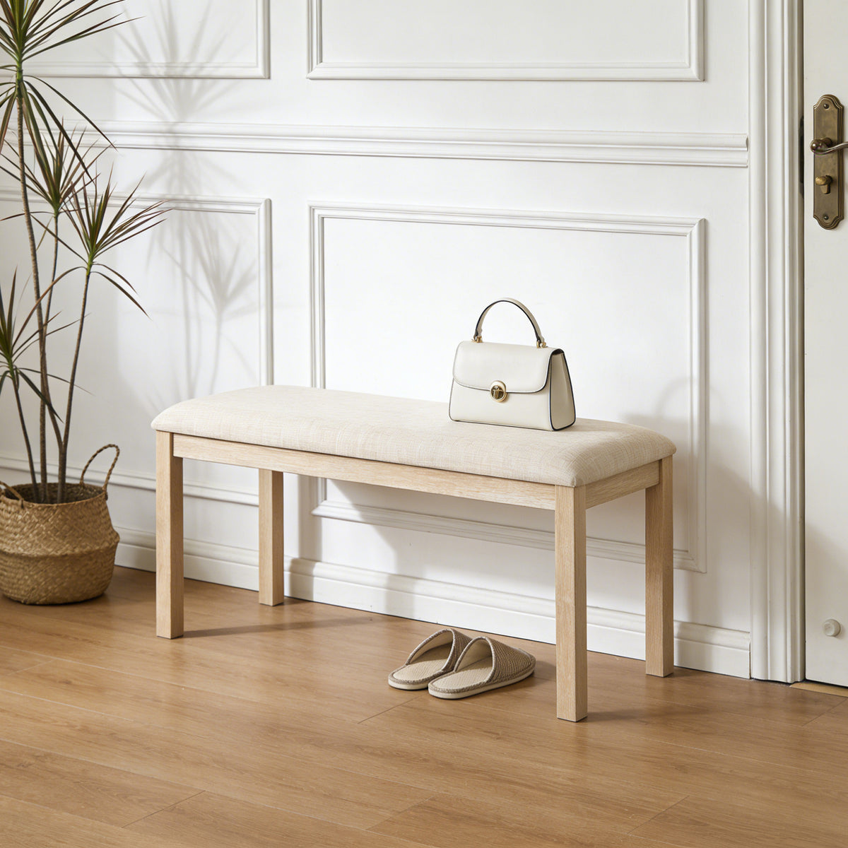 Linen Dining Bench, 38 in Beige with Light Oak Legs