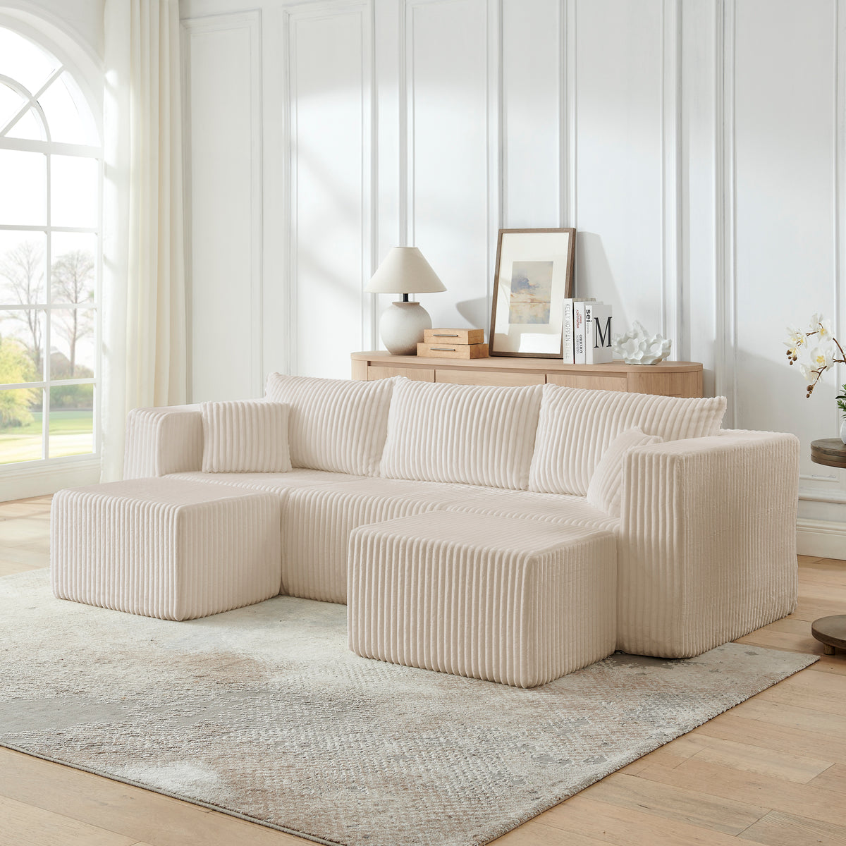 Beige Corduroy Modular Sectional Couch with 2 Ottomans, No Assembly