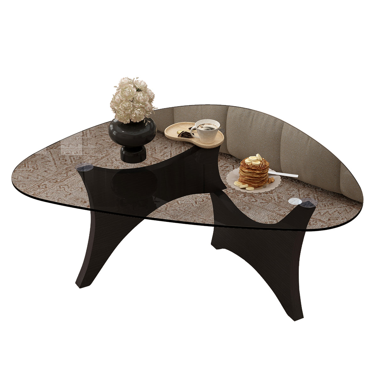 Black Mid-Century Glass-Top Pebble Coffee Table, 32.3 in, 16 in Tall
