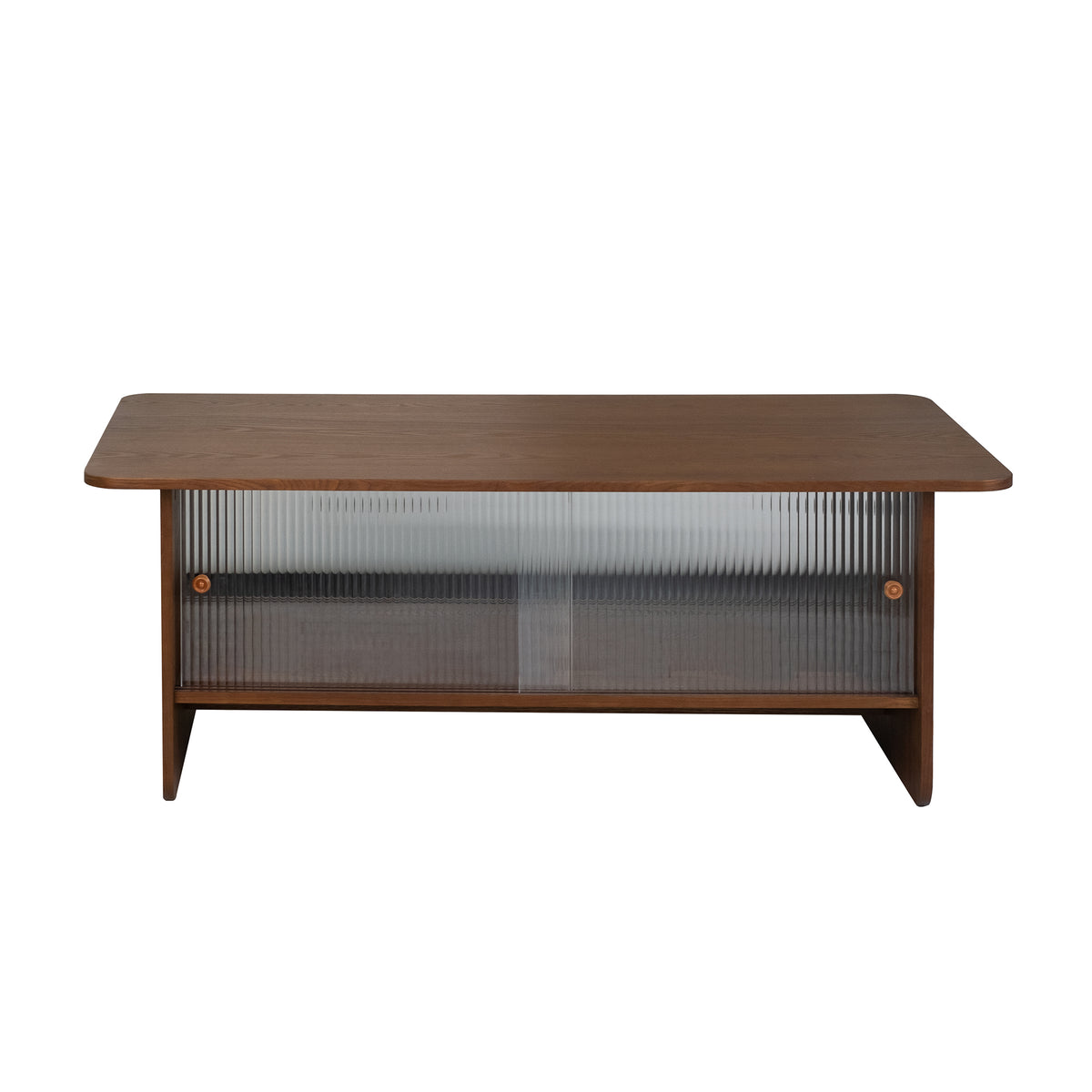 Brown Mid-Century Rectangular Coffee Table with Fluted Glass Doors, 47 in