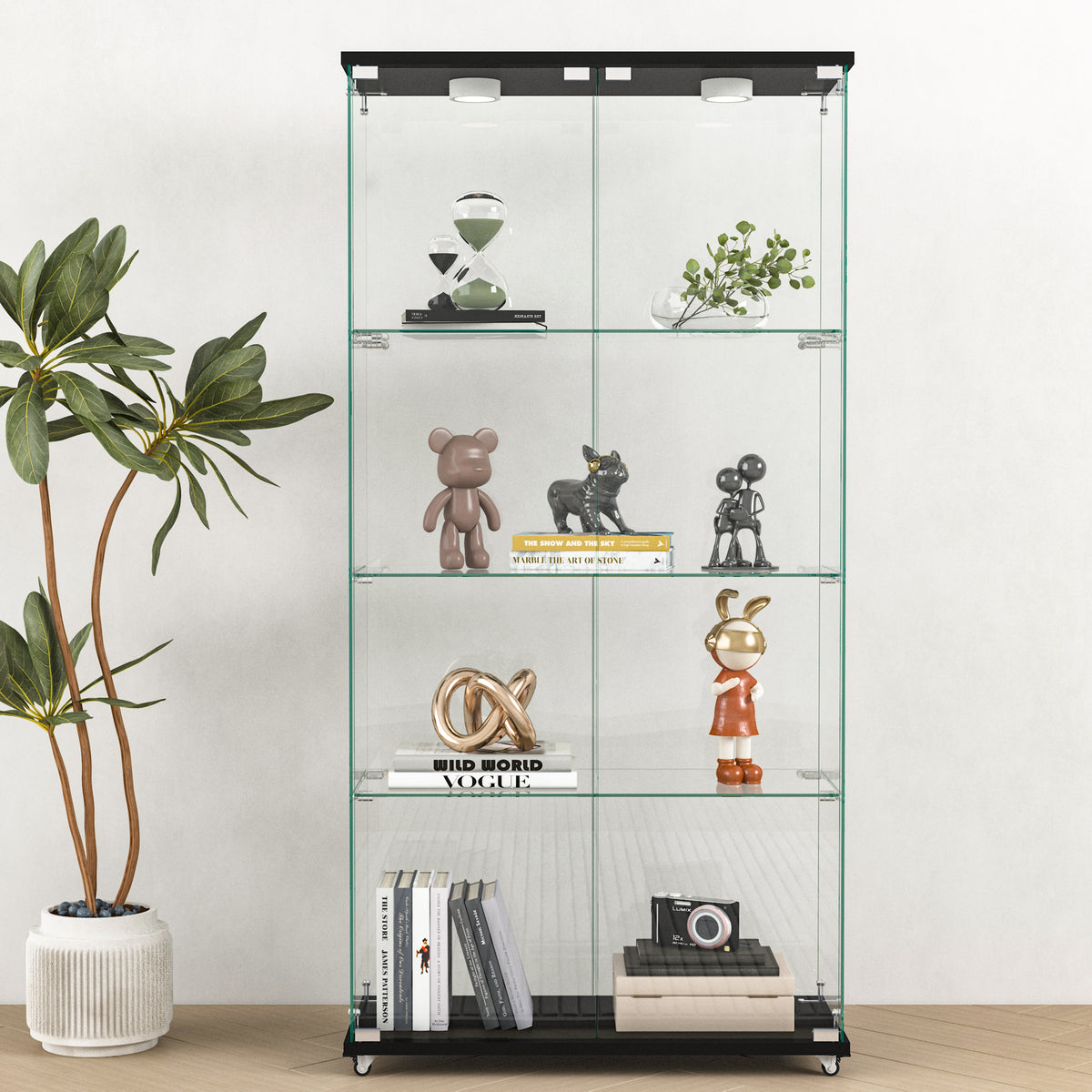 Modern Glass Bookcase, 2 Doors, LED Lighting, 64.3 in Tall