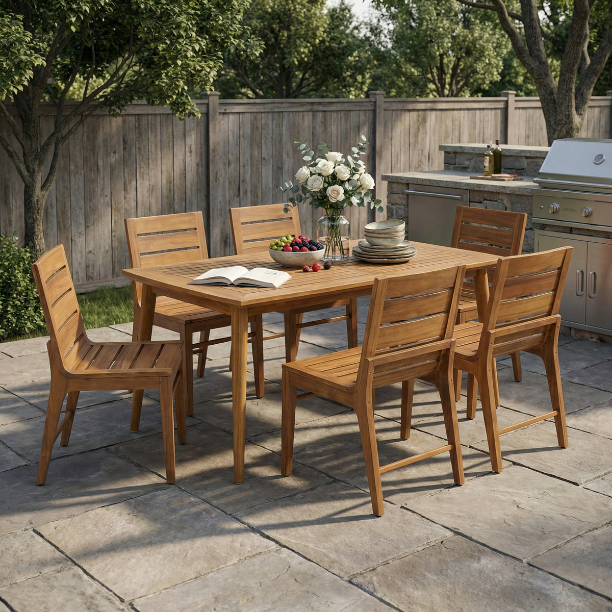 Teak Finish Solid Wood 7-Piece Patio Dining Set for 6, Curved, Slatted