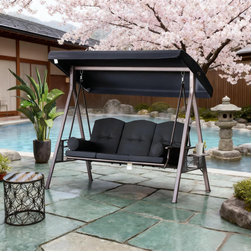Black Metal Porch Swing for 3 with Canopy