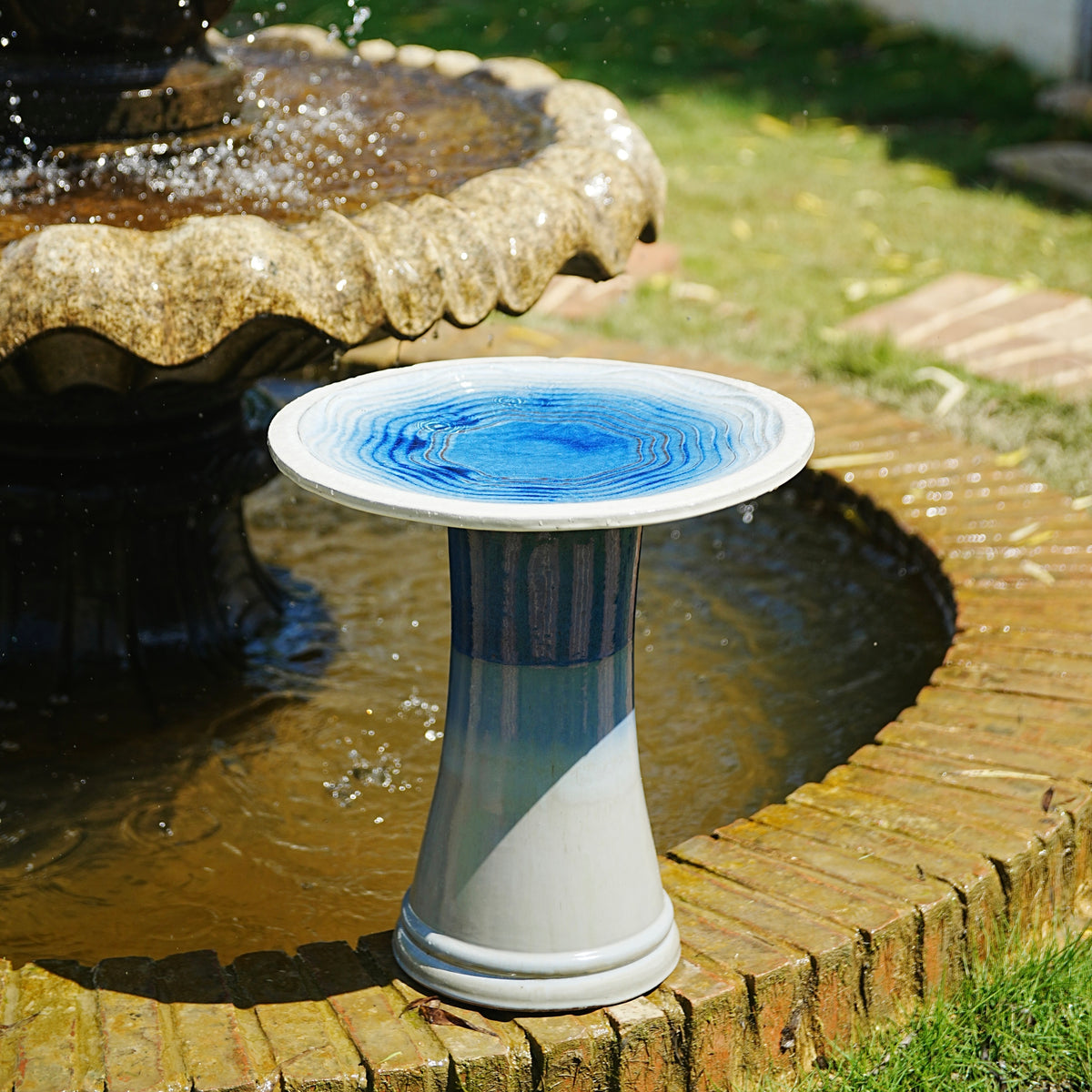 Blue Ceramic Bird Bath, Ripple Pattern
