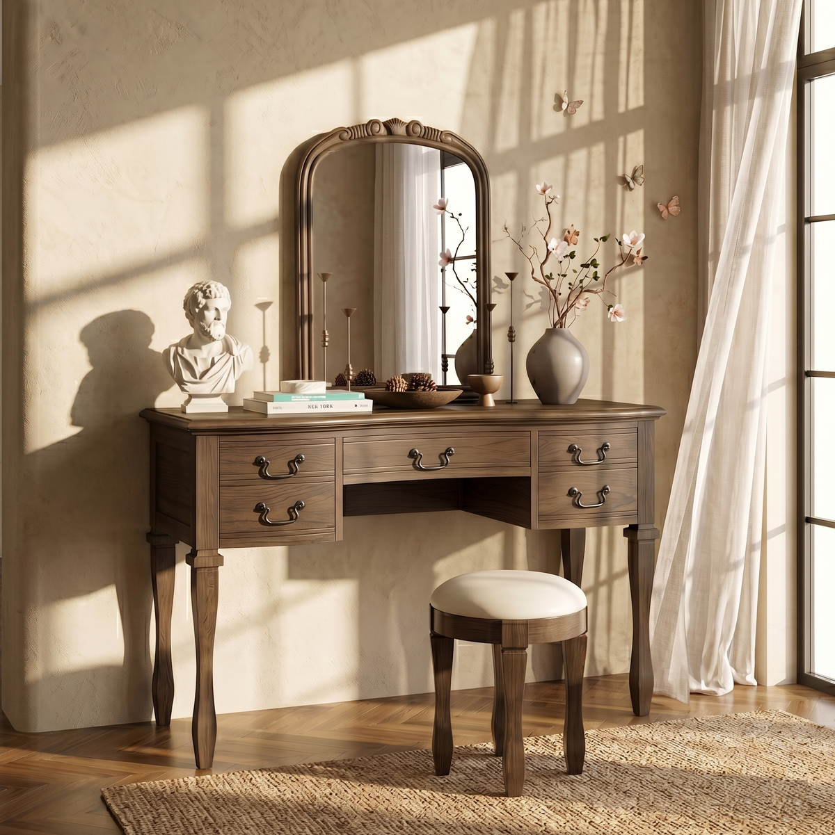 46-Inch Espresso Vanity Desk, 5 Drawers with Vegan Leather Stool