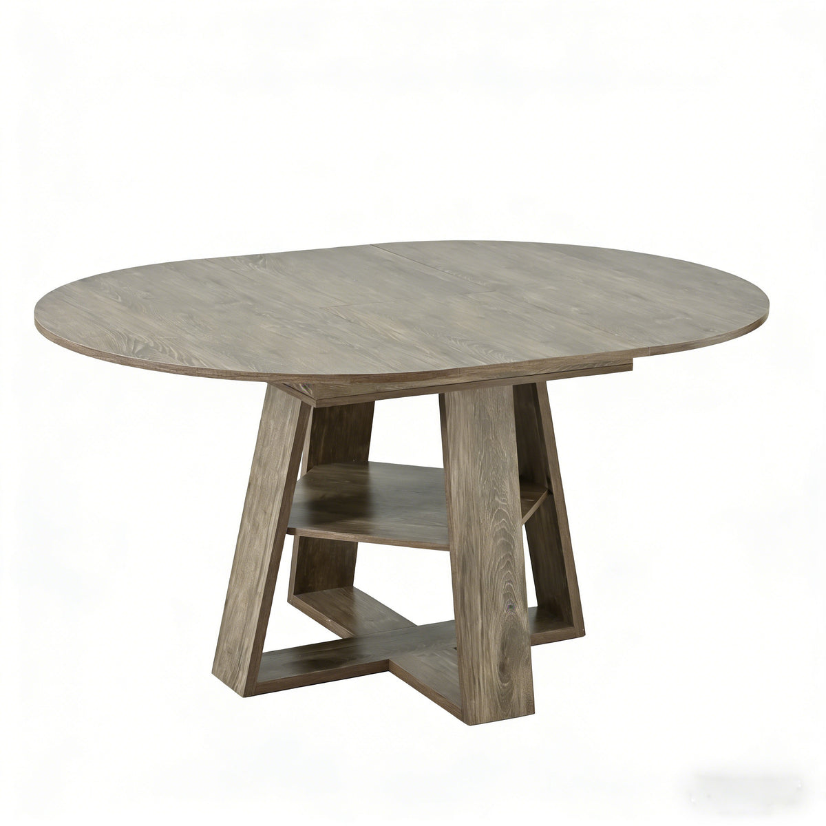 Angled studio view of the gray round dining table on a white background