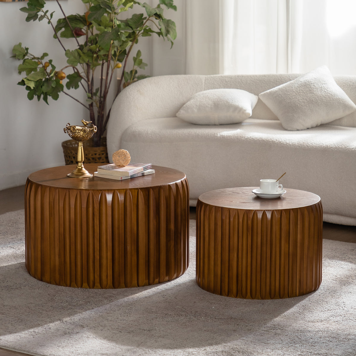 Walnut Fluted Round Drum Coffee Table, Set of 2, 26 in