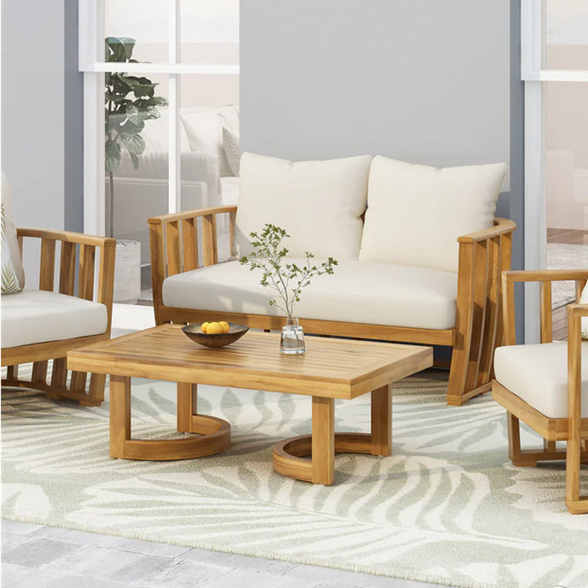 Teak Finish Solid Wood Outdoor Sofa Set with Cushions