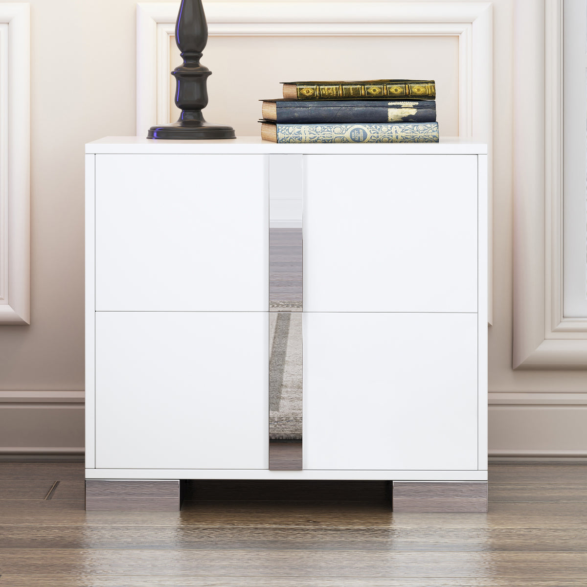 2-Drawer Nightstand with Metal Feet, Low Profile, White