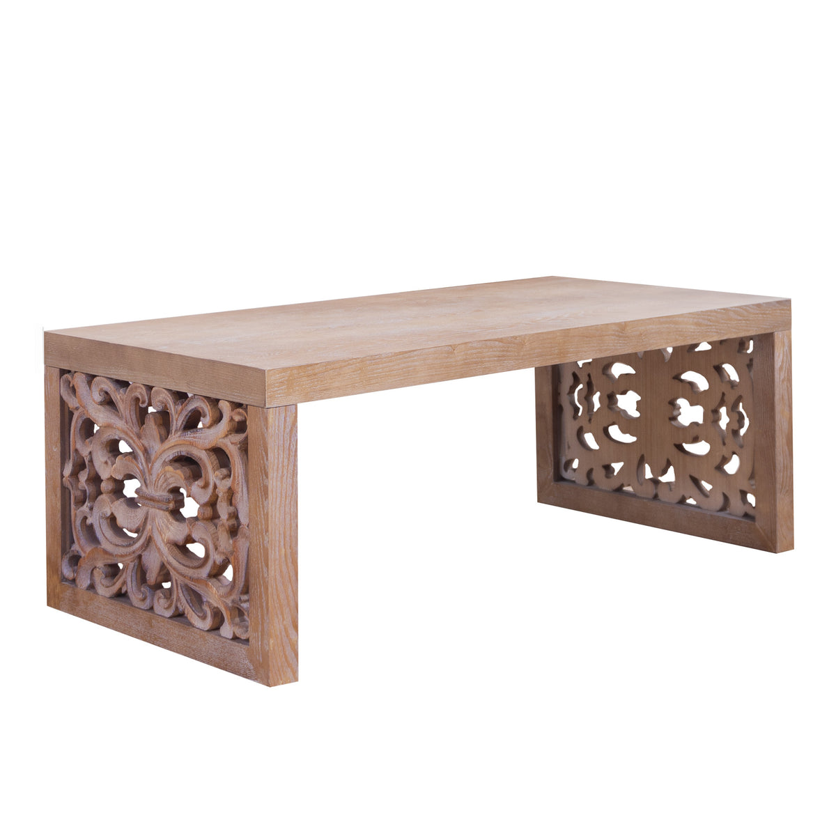 Natural Rustic Carved Rectangular Coffee Table, 47.2 in