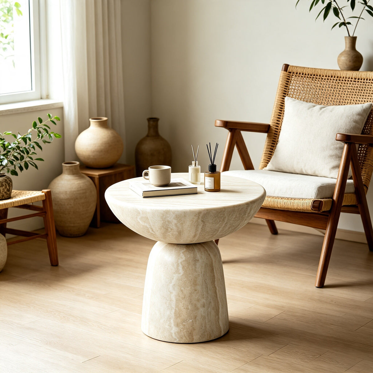 Beige Fiberglass Travertine-Look Round Mushroom Side Table, 19.7 in