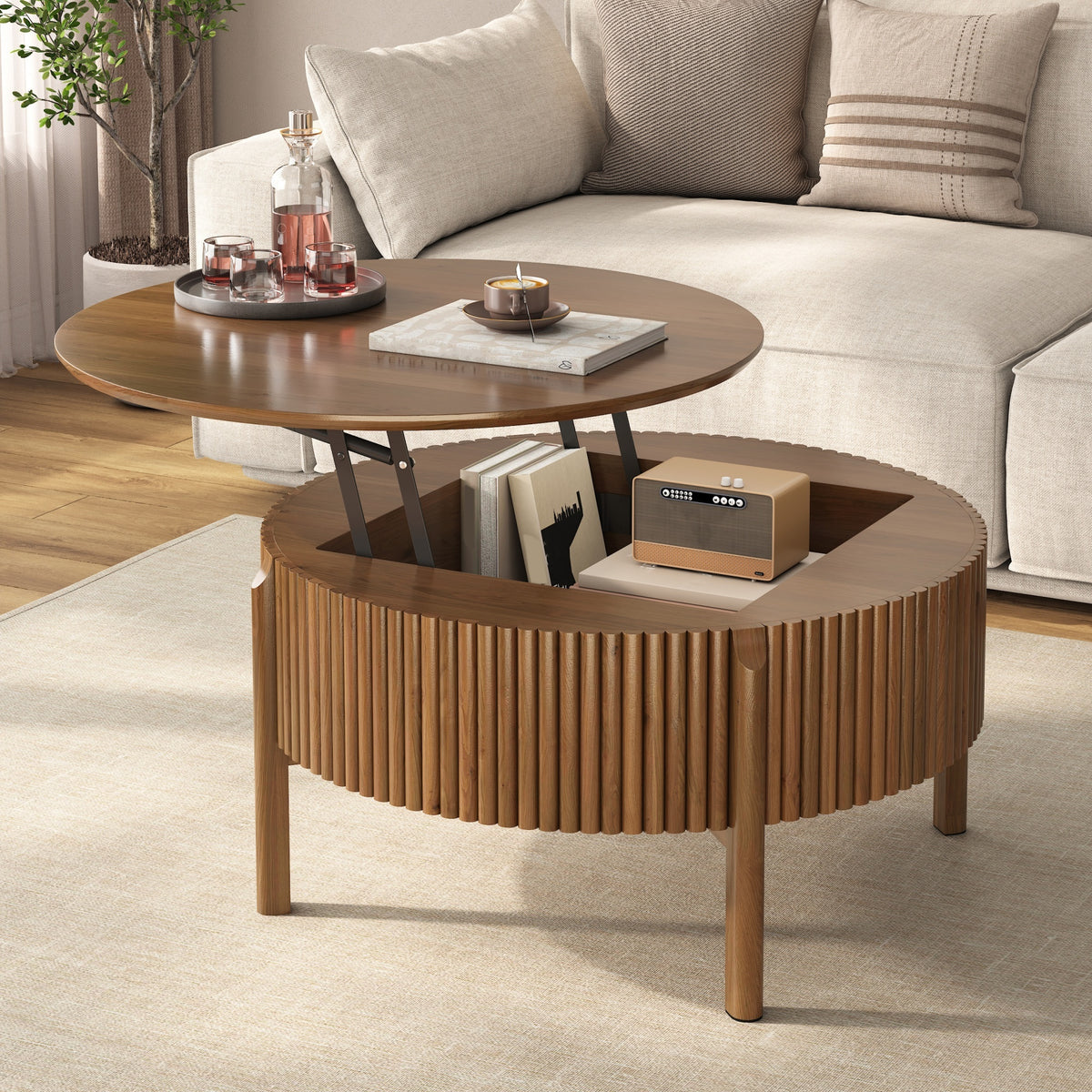 Walnut Fluted Round Lift-Top Coffee Table with Storage, 30.3 in
