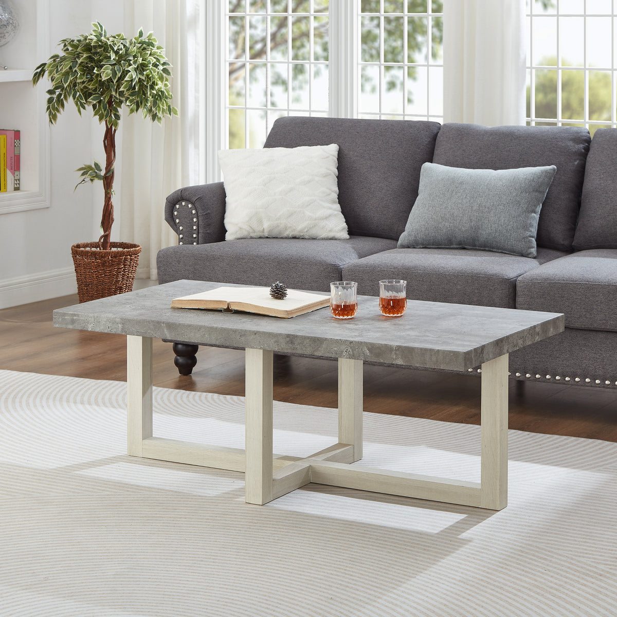 Gray and White Concrete-Look Cross-Base Rectangular Coffee Table, 47.5 in