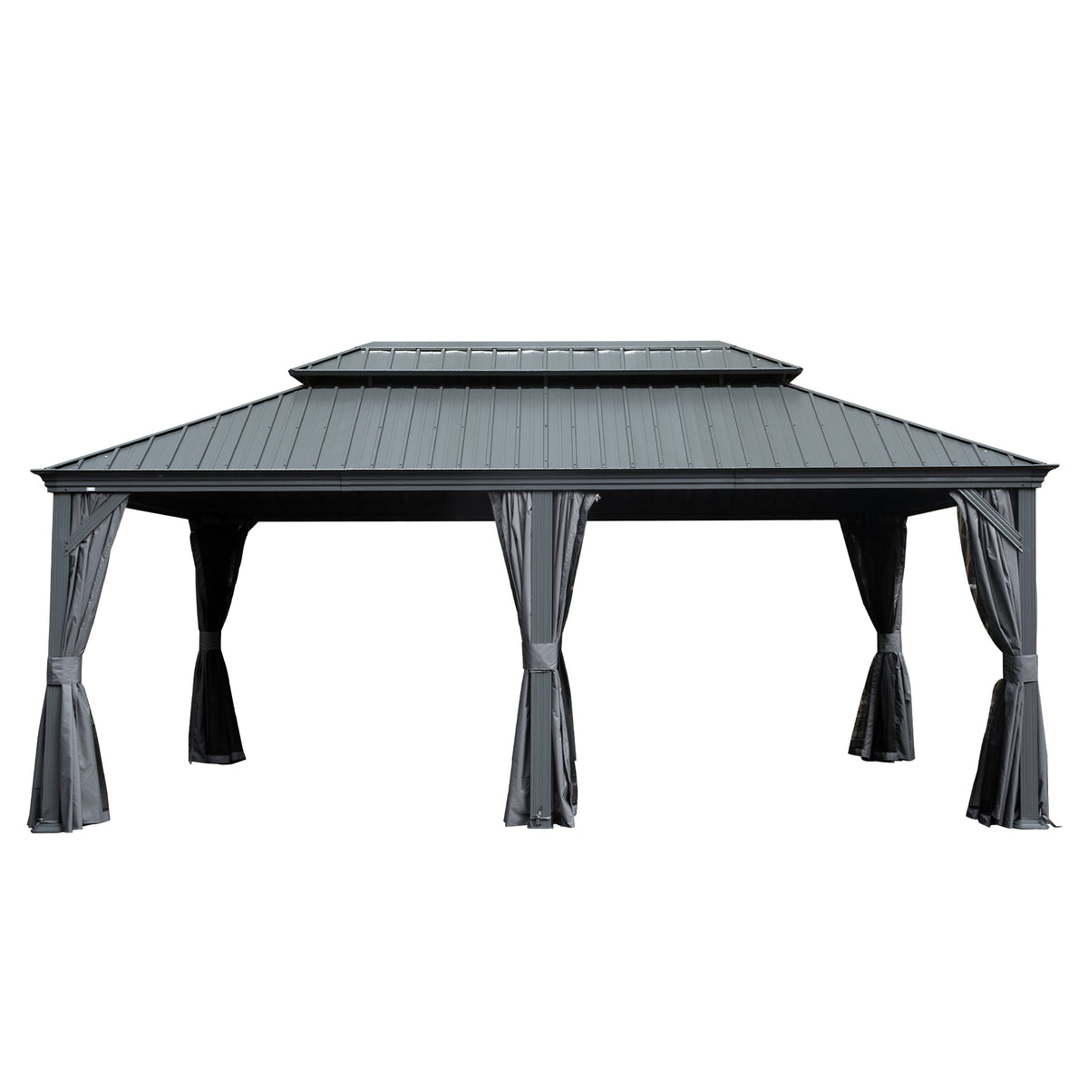 12x18 ft Gray Aluminum Double Roof Hardtop Gazebo with Netting and Curtains
