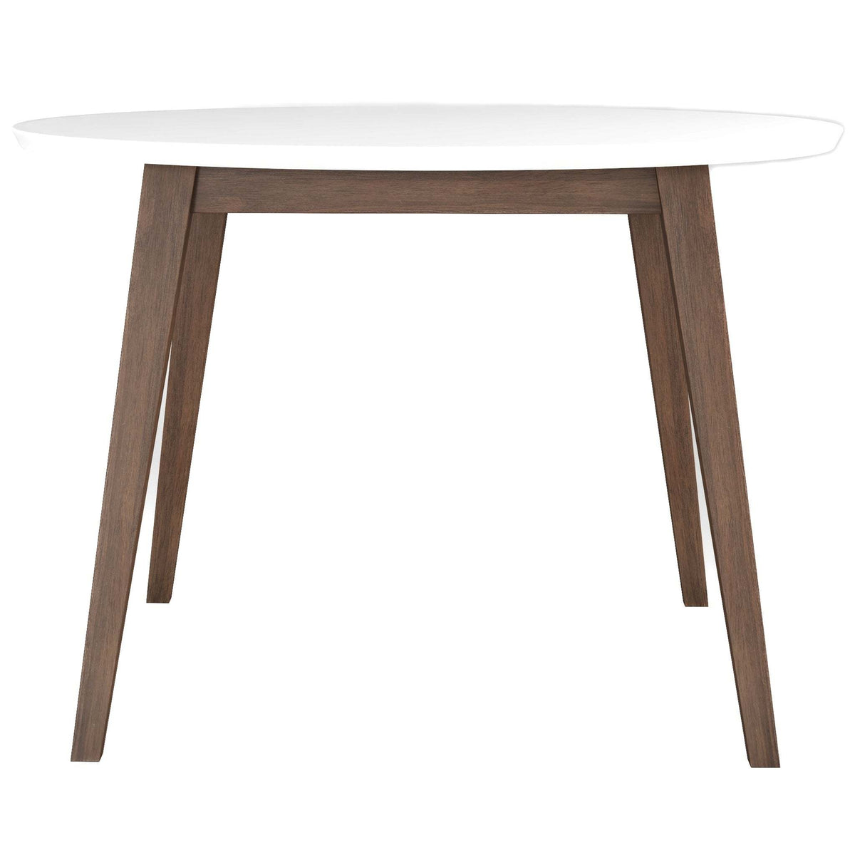 White round mid-century dining table with walnut legs, side view on white studio background