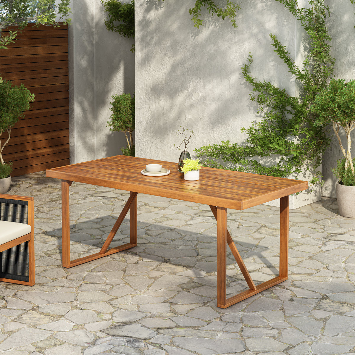 Teak Finish Solid Wood Outdoor Dining Table, 66.9 in Wide