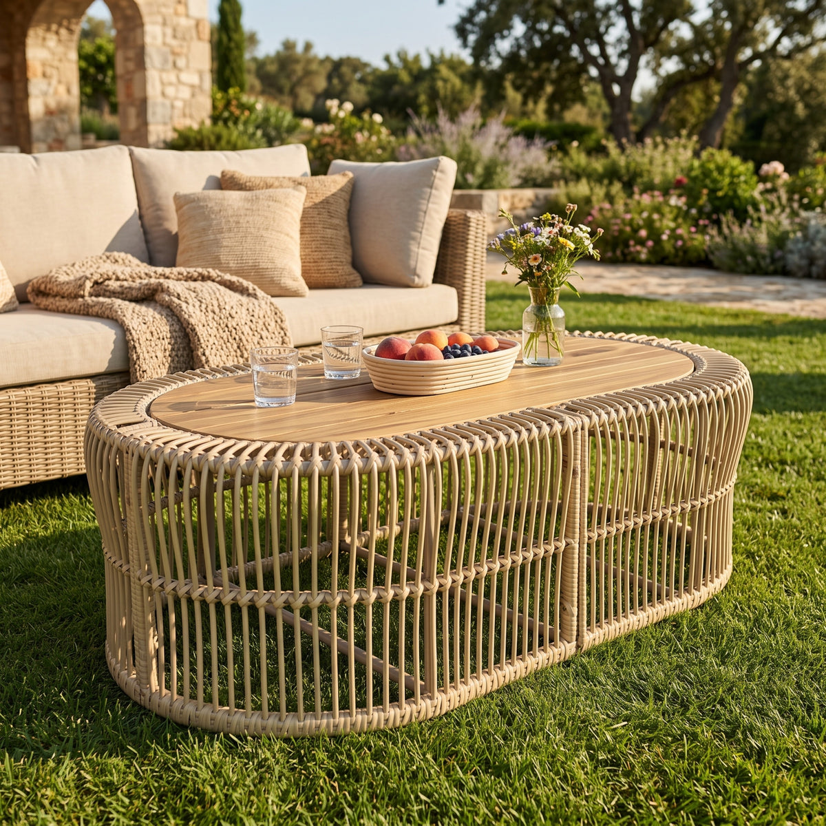 Light Brown Wicker Oval Outdoor Coffee Table, 47.2 in Wide, Wood Top