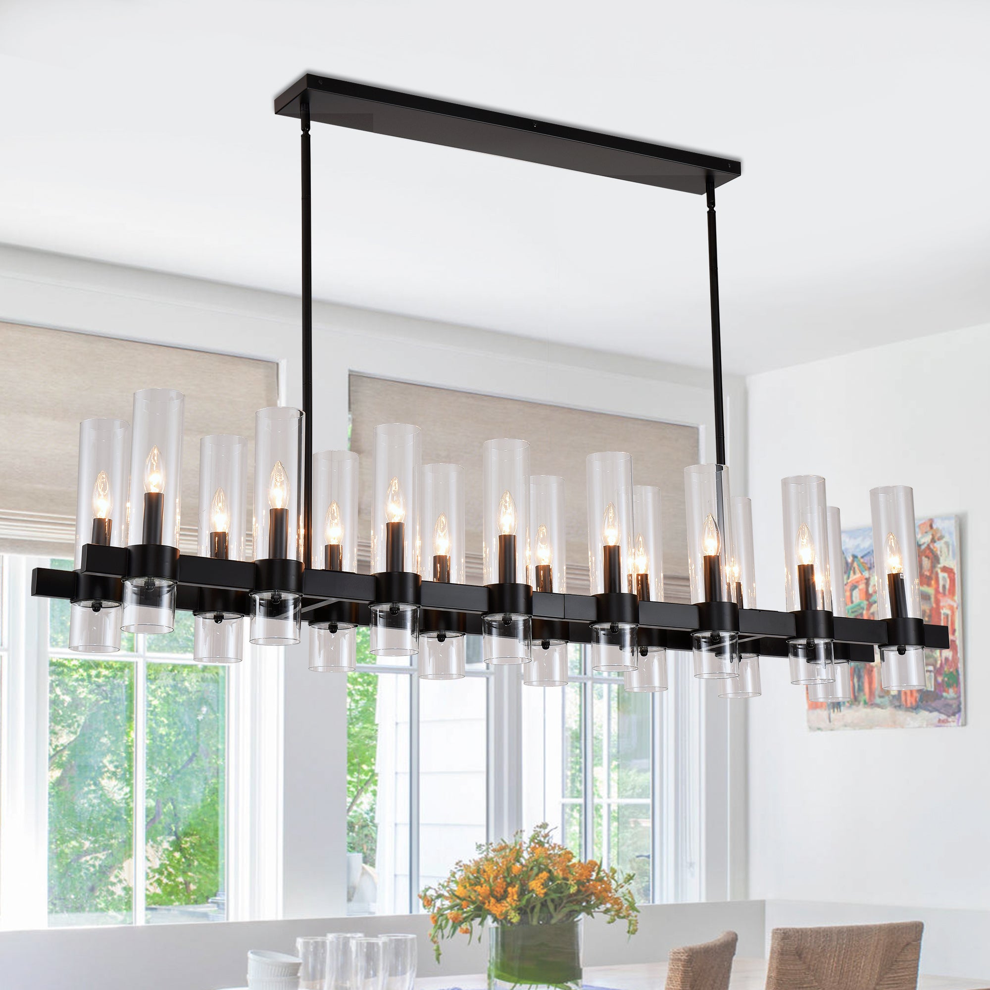 Matte Black and Wood Linear 16-Light Chandelier, 63 in, Glass Shade