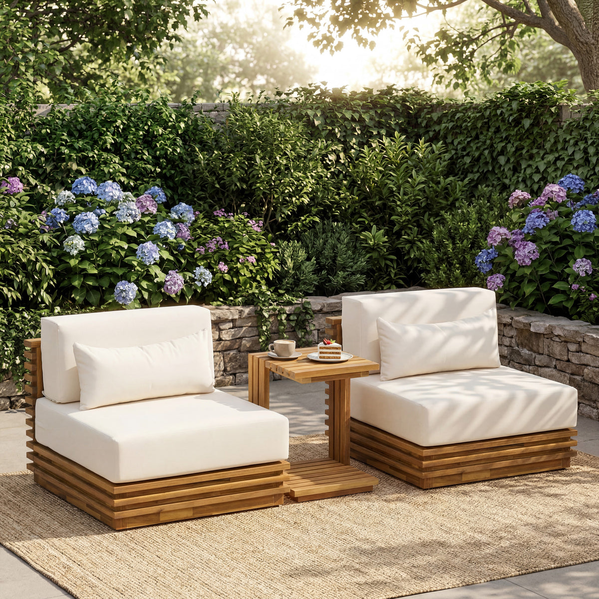 Natural Solid Wood 3-Piece Patio Conversation Set with Cushions