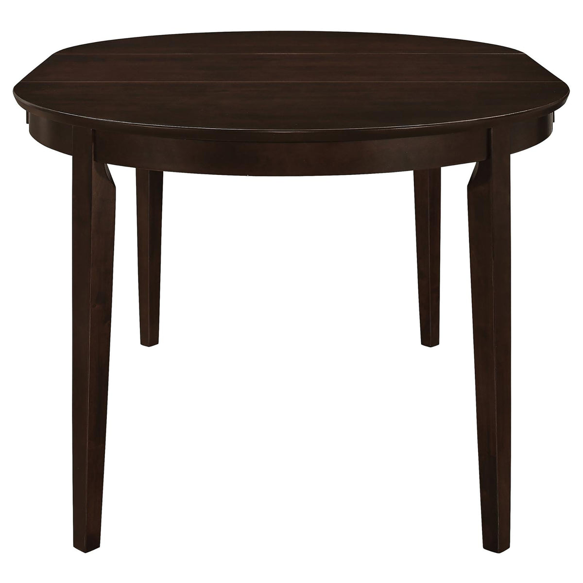 Angled view of the extendable dining table with center leaf on plain white