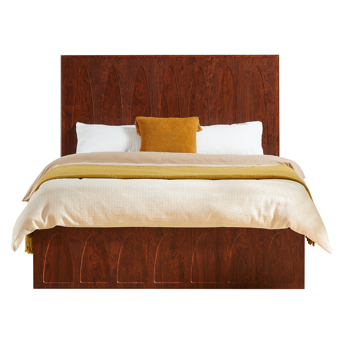 Straight-on dark reddish-brown wood queen bed made with cream bedding and mustard pillow on white