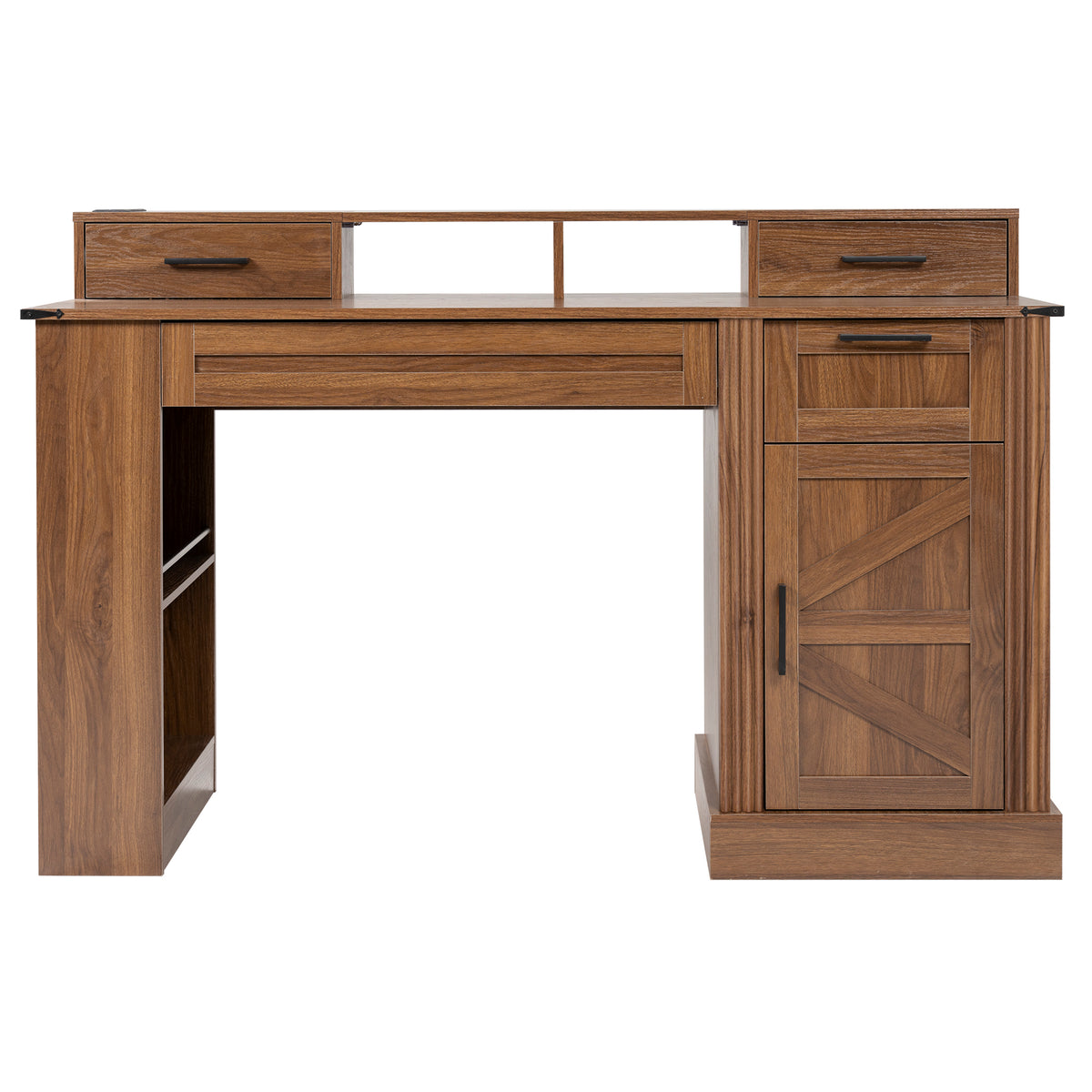 Barn Door Computer Desk with Charging Station, Keyboard Tray, 55 in, Walnut