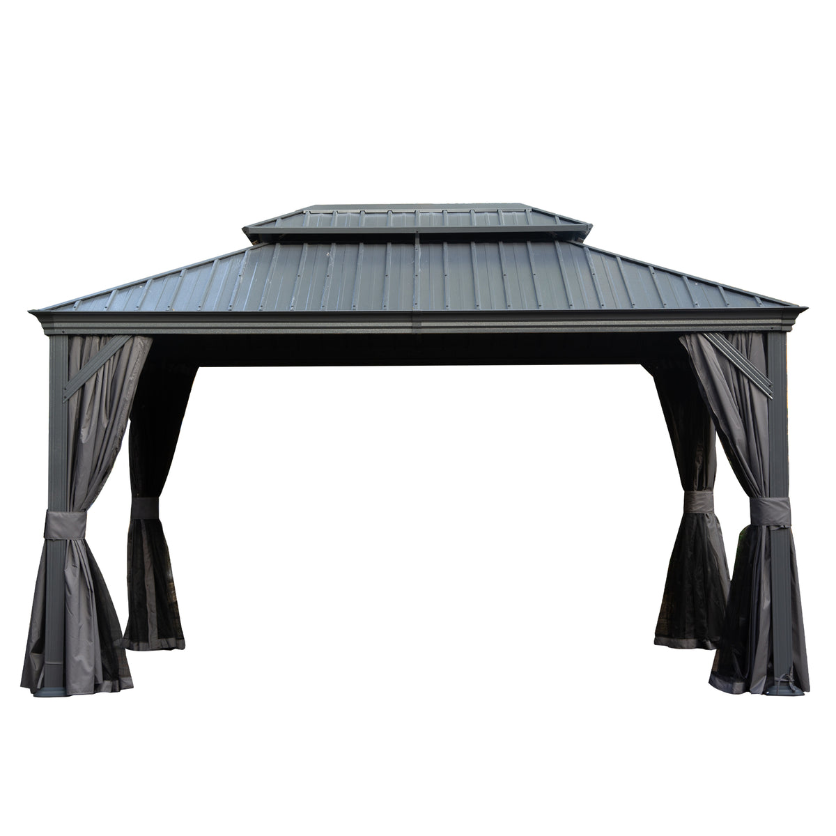 10x14 ft Gray Hardtop Gazebo with Netting and Curtains