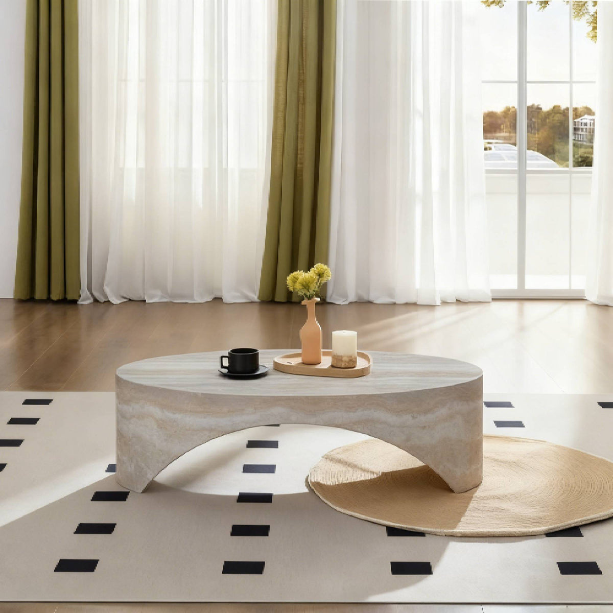 Beige Fiberglass Travertine-Look Oval Arch Coffee Table, 43.3 in