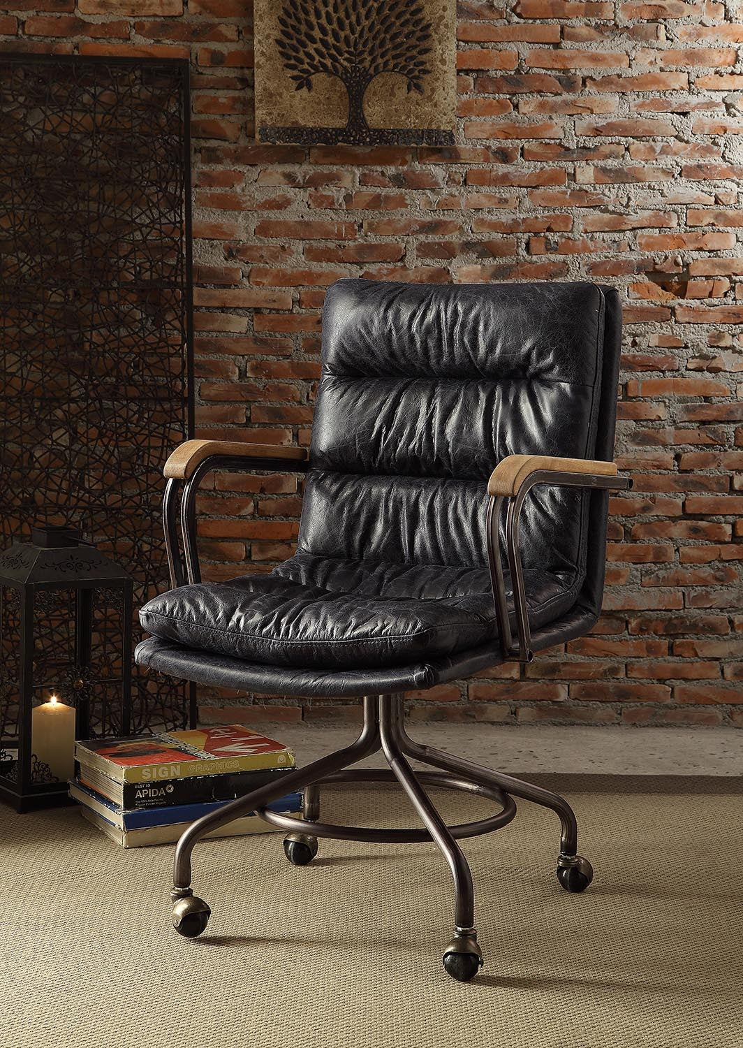 Vintage Blue Top Grain Leather Office Chair, Swivel
