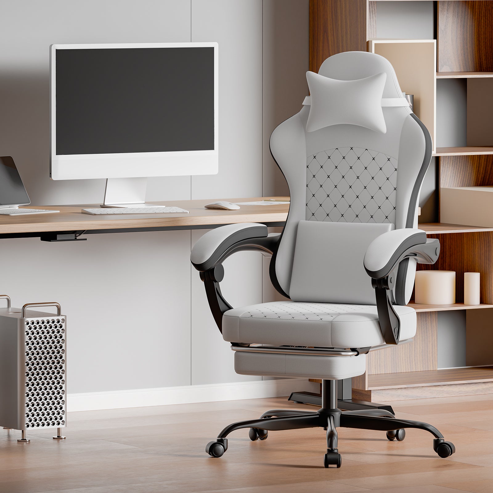 White Gaming Chair, Massage, Reclining, 300 lb