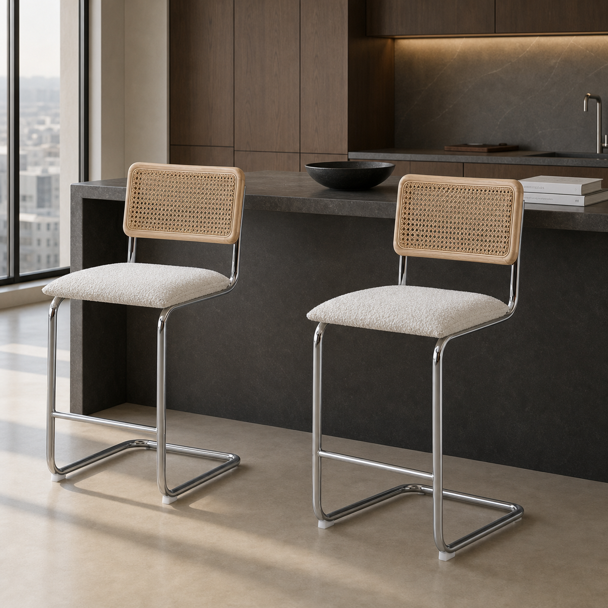 Midcentury Modern Counter Stools Set of 2 – Rattan & Stainless Steel