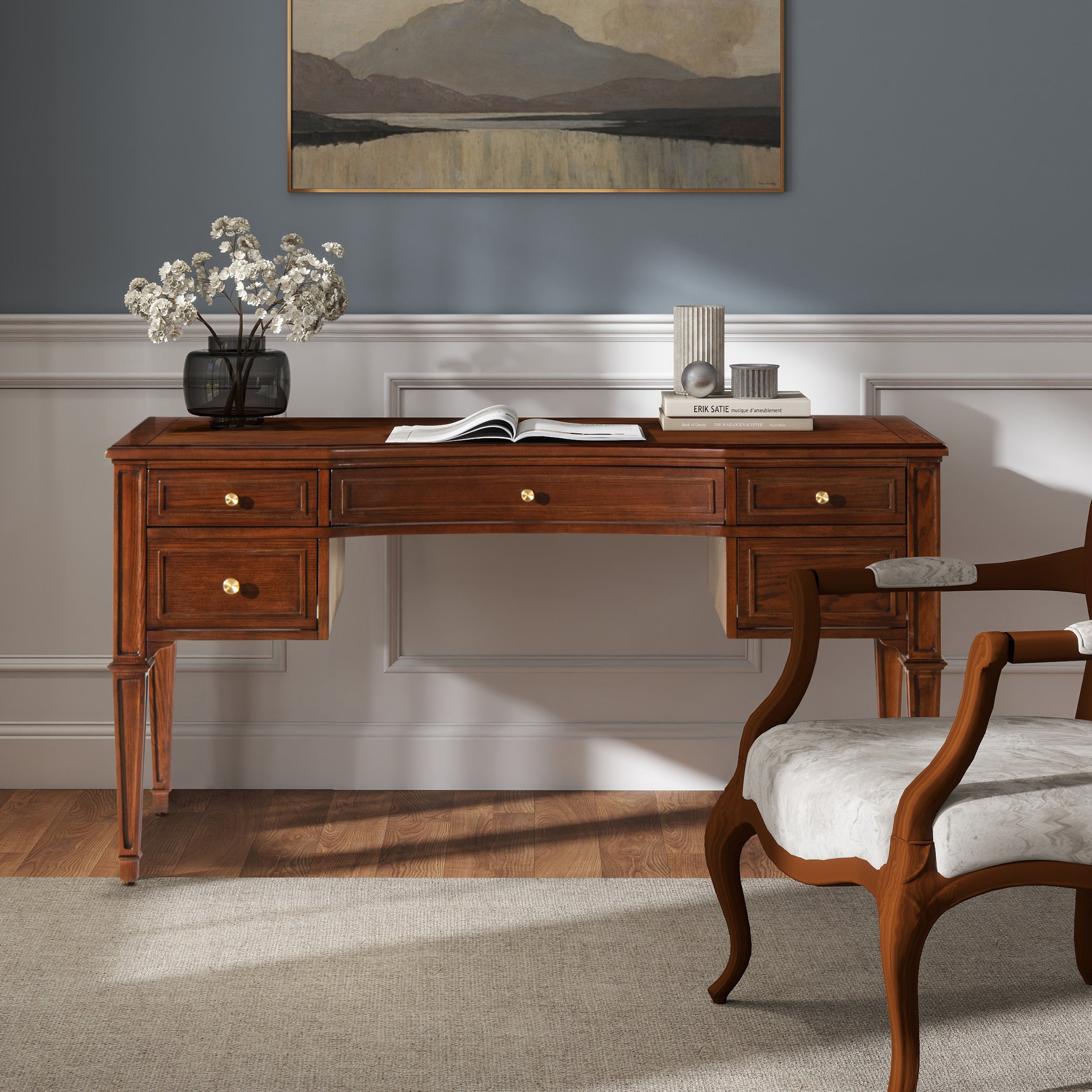 Executive Desk, 5 Drawers, 59 in, Walnut