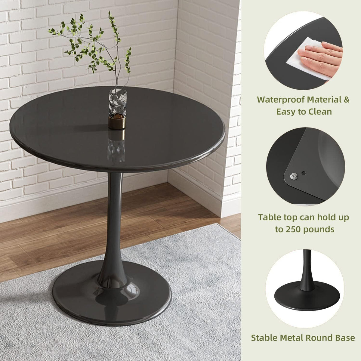 Feature graphic of black round dining table by a brick wall noting waterproof top, 250 lb, metal base
