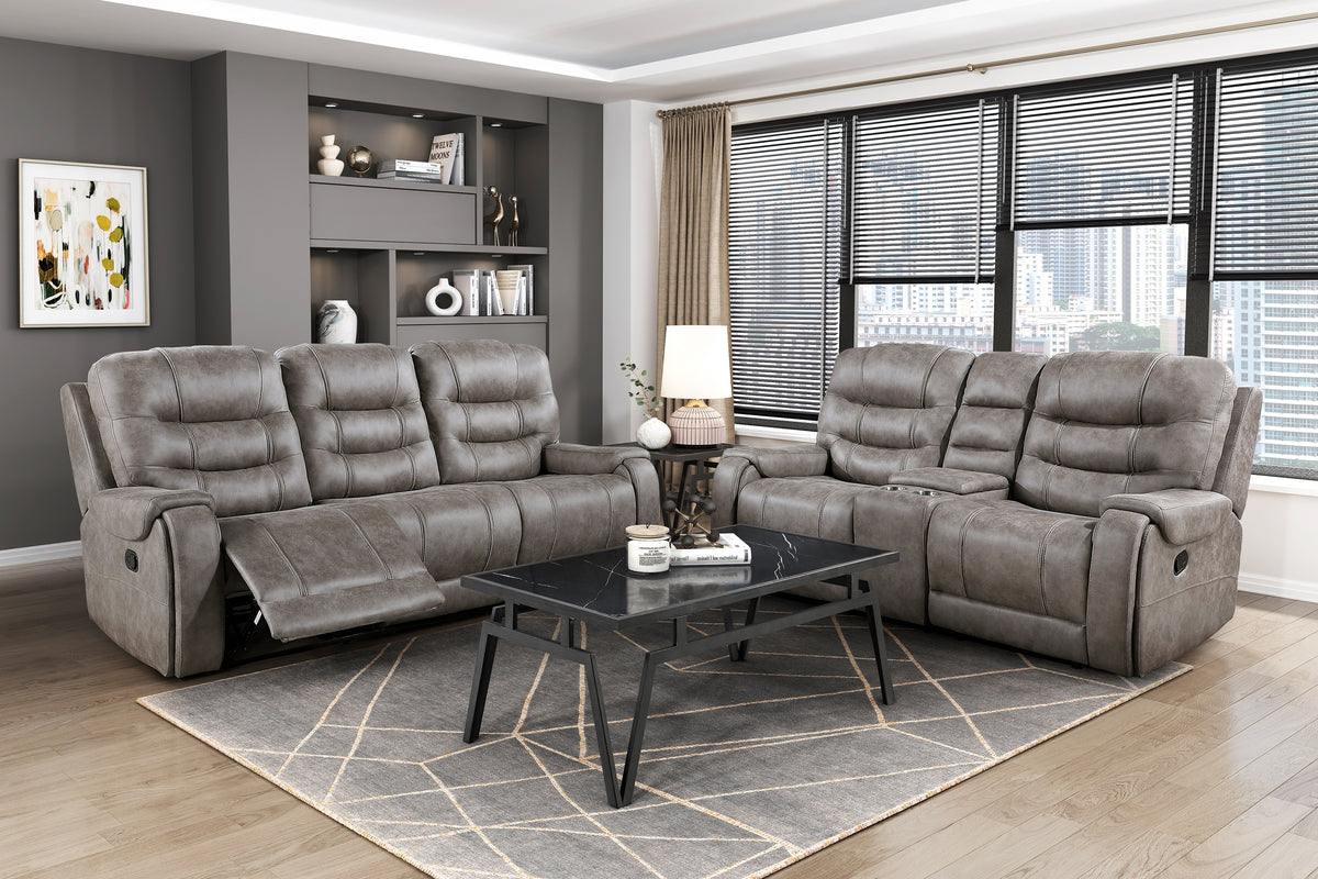 Brown Gray Microfiber Reclining Sofa and Loveseat Set with Console