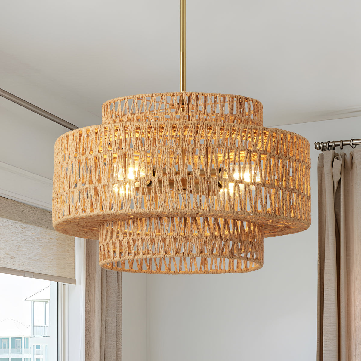 Brown Farmhouse 4-Light Chandelier, 18 in, Rattan Shade