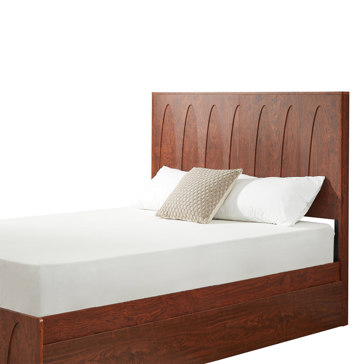 Angled dark reddish-brown wood headboard with bare mattress and pillows, on white