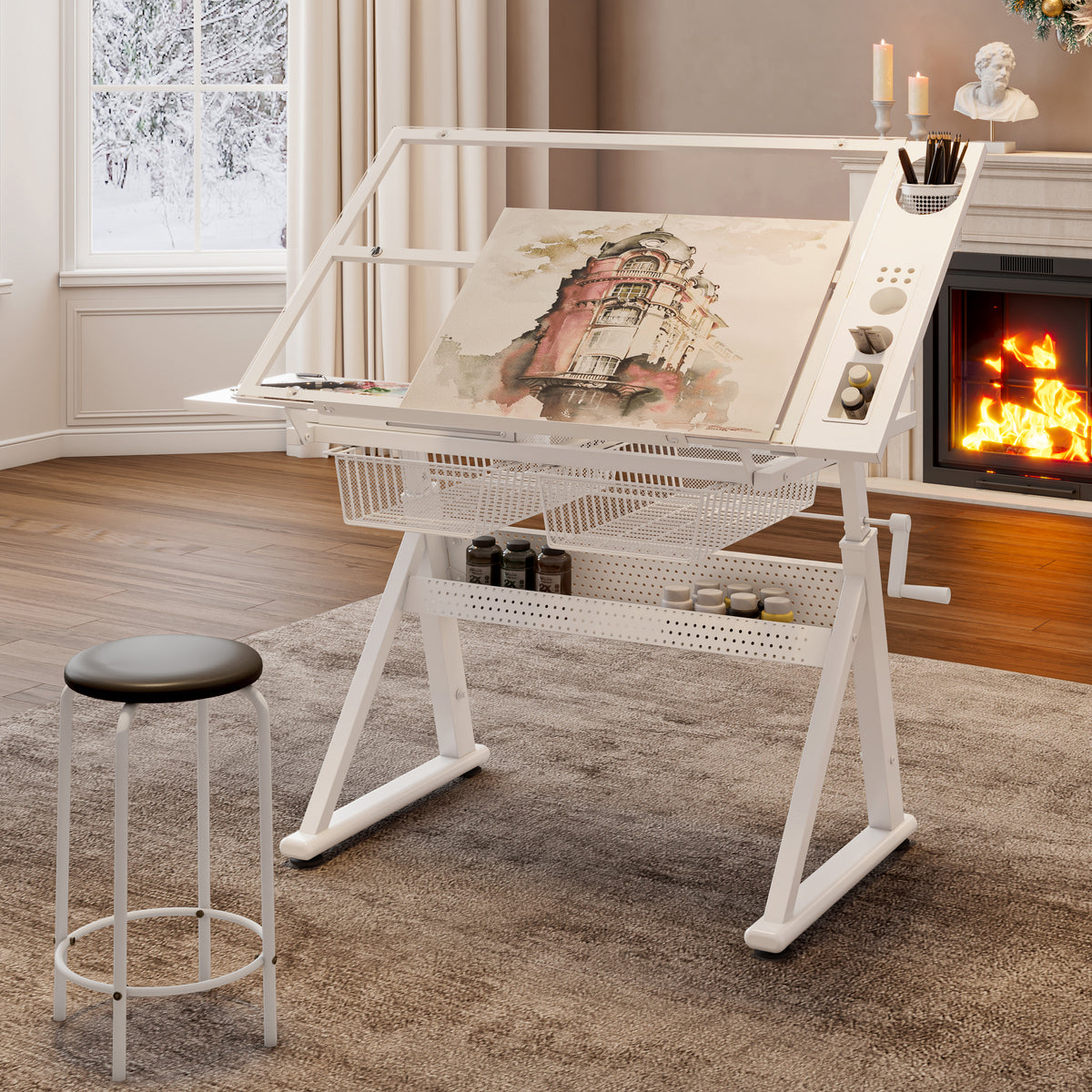 Glass Drafting Table, White, 40.2 in Wide