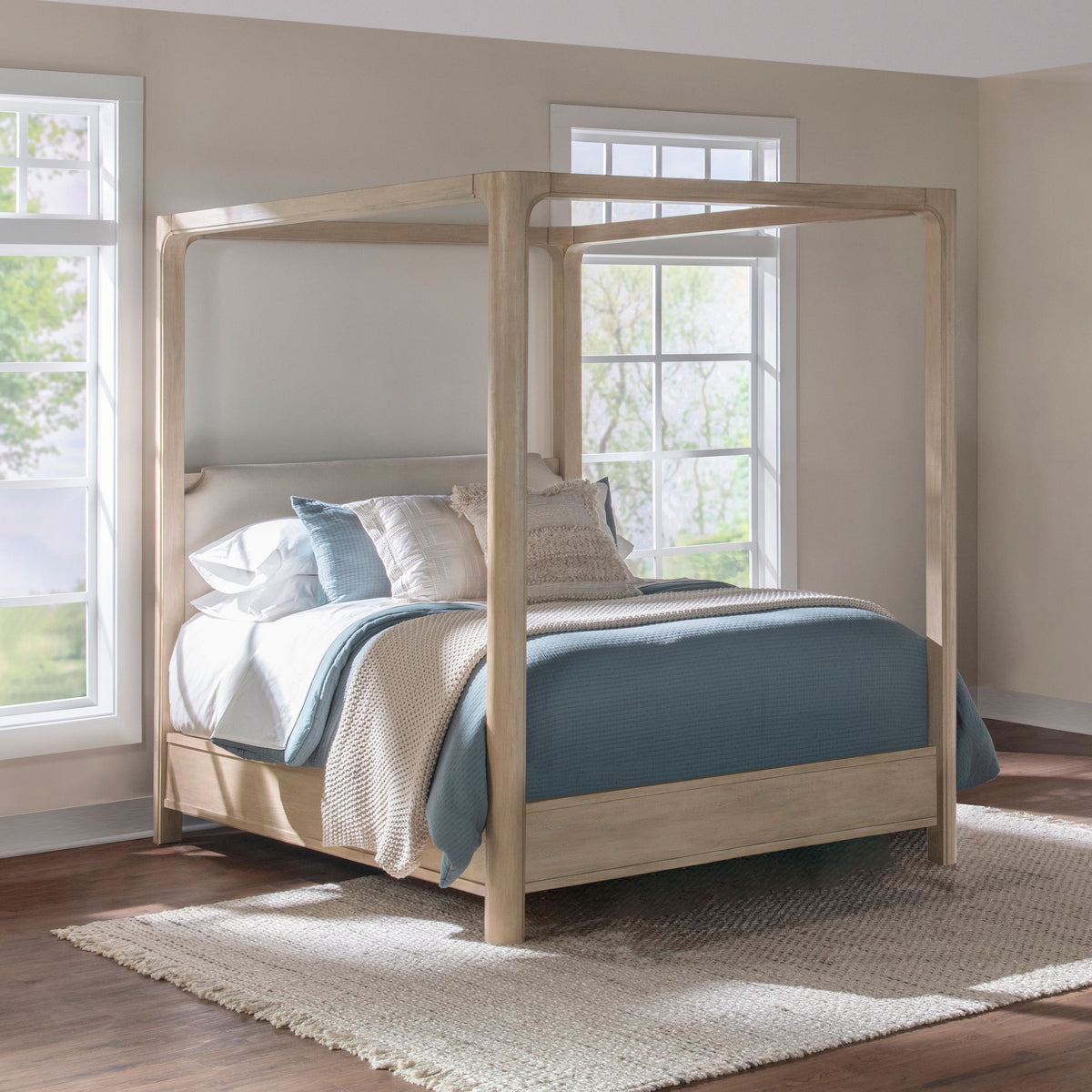 King Canopy Bed Frame with Upholstered Headboard and USB-C