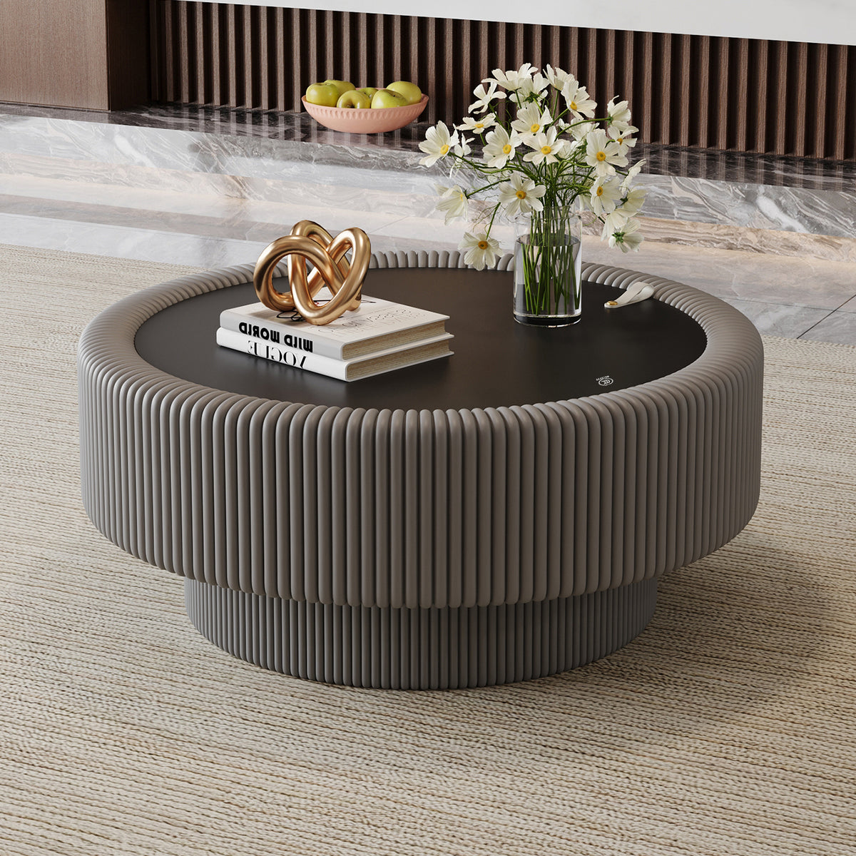 Gray Glass-Top Round Fluted Coffee Table with Storage, 31.5 in