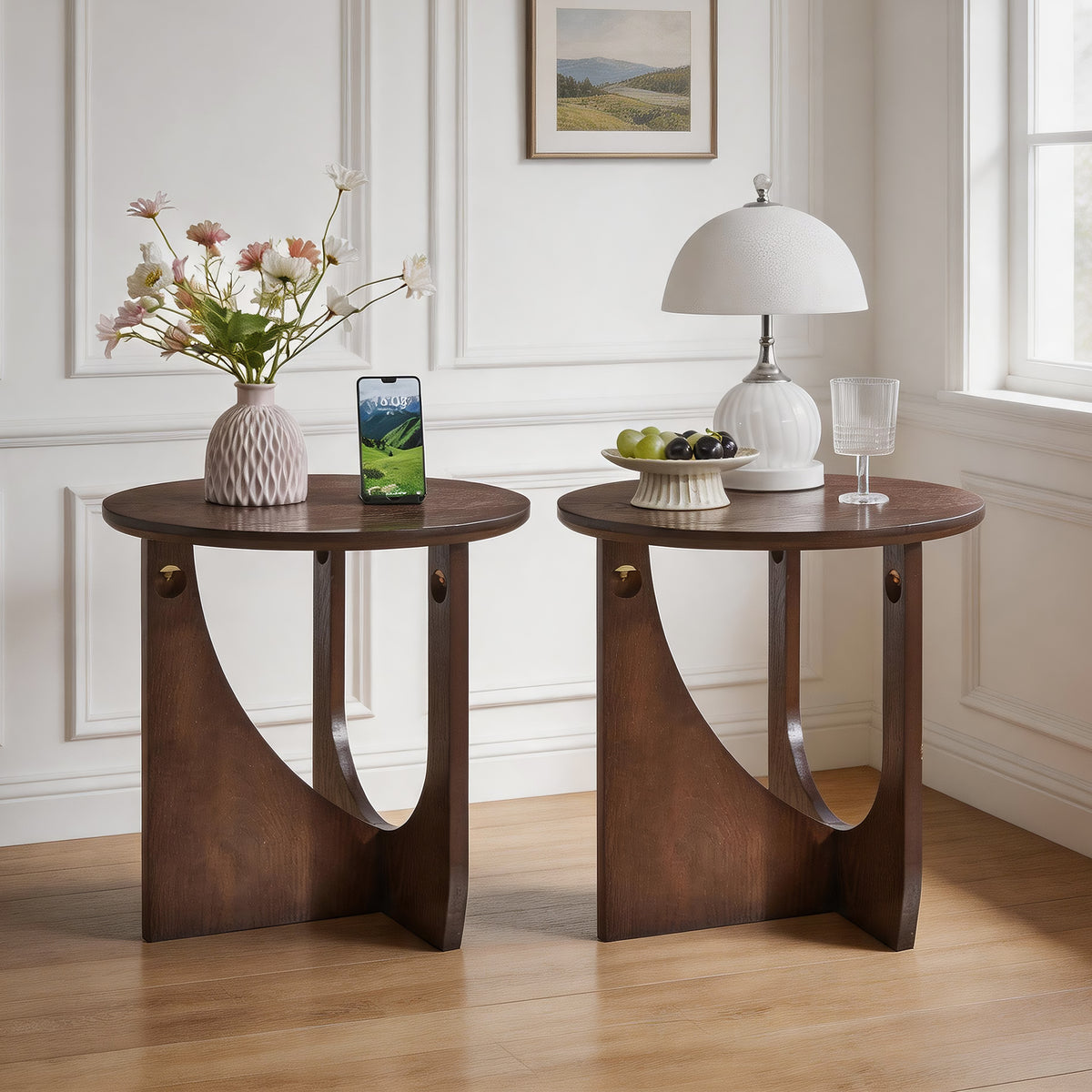 Walnut Solid Wood Round Sculptural Side Table, Set of 2, 19.7 in