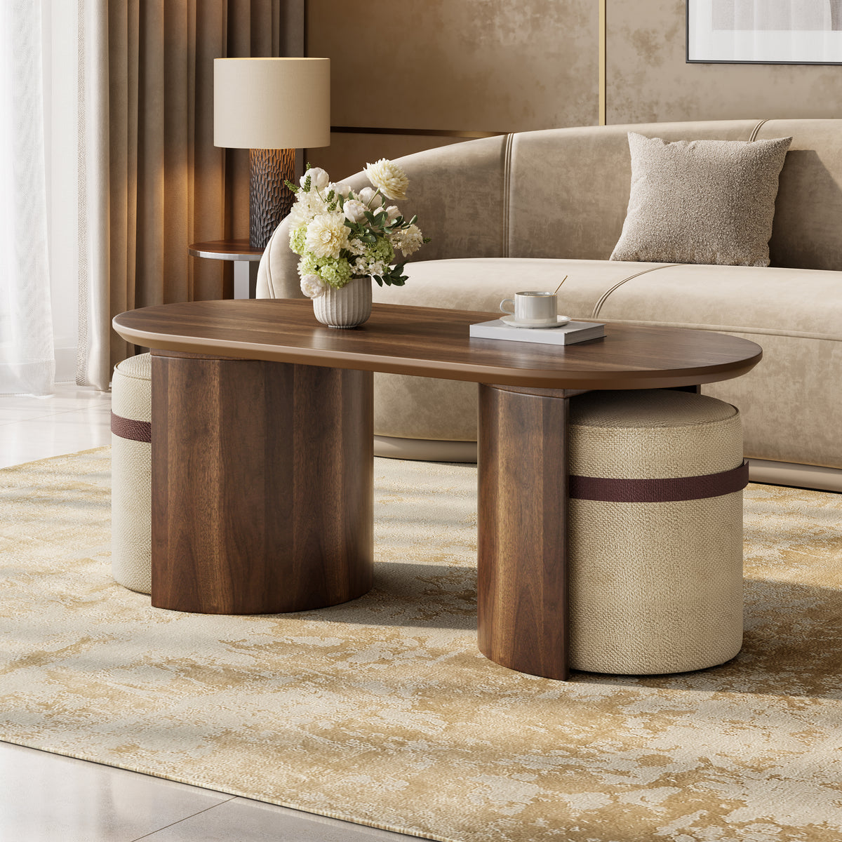 Walnut Oval Double Pedestal Coffee Table with 2 Poufs, 47.7 in