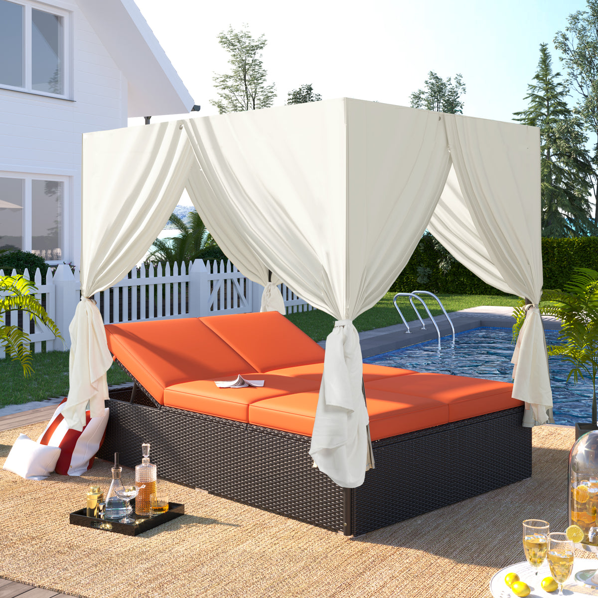 Orange Rattan Adjustable Outdoor Double Chaise Lounge with Cushions