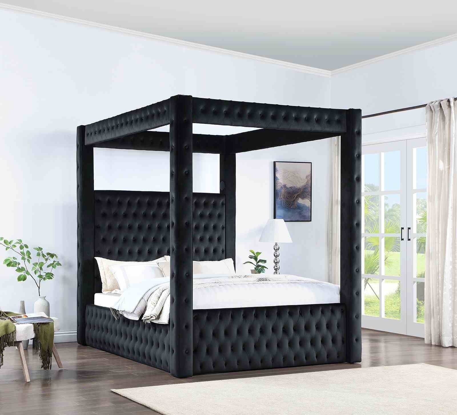 Black Upholstered King Canopy Poster Bed Frame, USB-A Charging