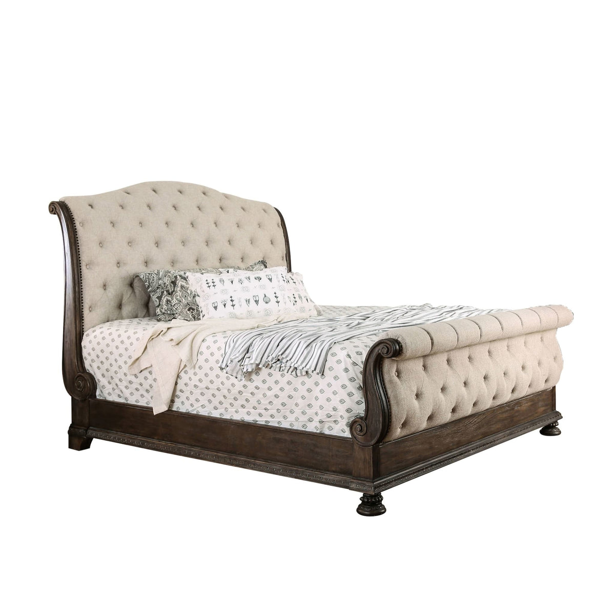 California King Sleigh Bed Frame, Tufted Linen, Natural Wood