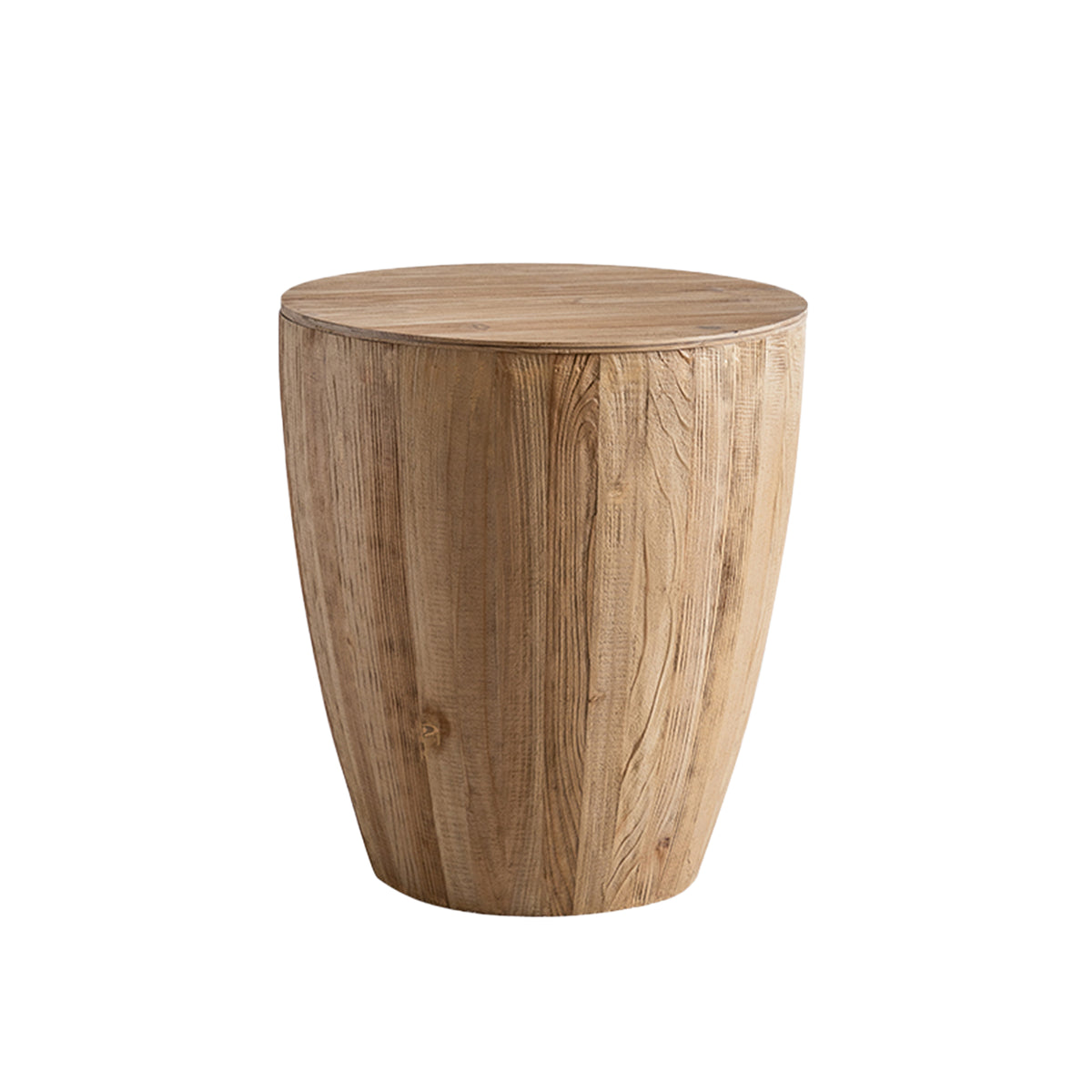 Natural Solid Fir Drum Side Table with Storage, 21.1 in
